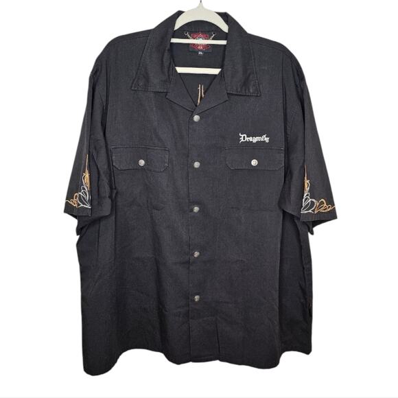 Dragonfly Roadhouse Embroidered Snap Button Up Motorcycle Shirt Short Sleeve 2XL - Picture 1 of 10